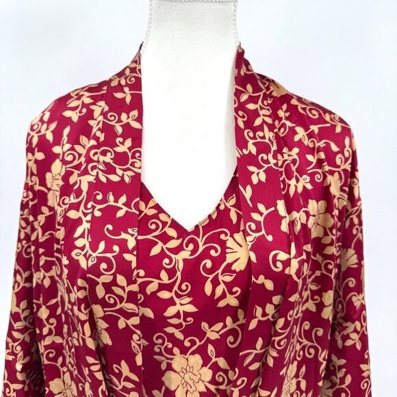Talbots Intimates Silk Cranberry/Tan Floral Robe & Nightgown Size Medium Petite - Picture 3 of 13